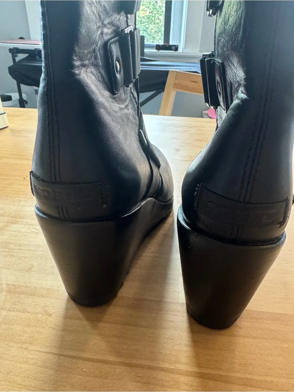 Sorel Black After Hours Leather Wedge Ankle Boots with Triple Buckle Straps